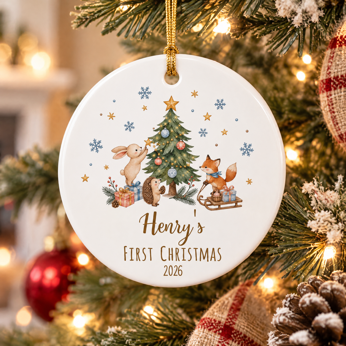Baby’s First Christmas- Personalized  Ceramic Ornament 2026, Woodland Animal Keepsake