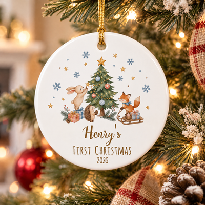 Baby’s First Christmas- Personalized  Ceramic Ornament 2026, Woodland Animal Keepsake