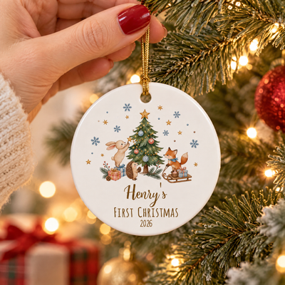 Baby’s First Christmas- Personalized  Ceramic Ornament 2026, Woodland Animal Keepsake