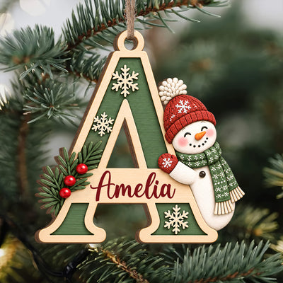 Initial Snowman Christmas- Personalized Wooden Ornament, Custom Name Letter, Rustic Holiday Keepsake