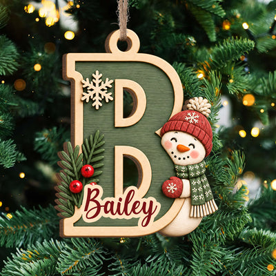 Initial Snowman Christmas- Personalized Wooden Ornament, Custom Name Letter, Rustic Holiday Keepsake