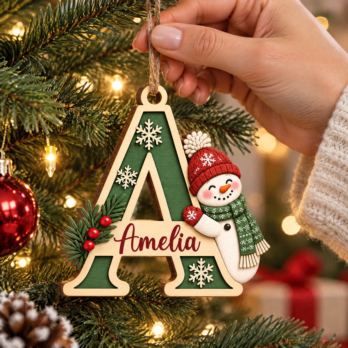 Initial Snowman Christmas- Personalized Wooden Ornament, Custom Name Letter, Rustic Holiday Keepsake