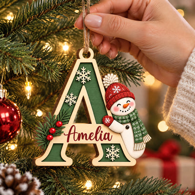 Initial Snowman Christmas- Personalized Wooden Ornament, Custom Name Letter, Rustic Holiday Keepsake