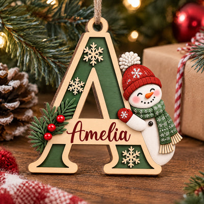 Initial Snowman Christmas- Personalized Wooden Ornament, Custom Name Letter, Rustic Holiday Keepsake