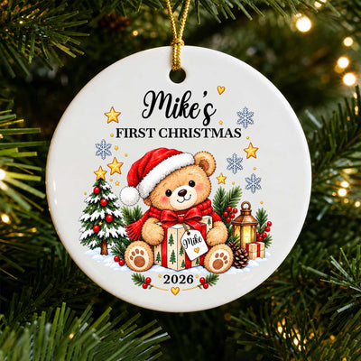 Personalized Ceramic Ornament First Christmas with teddy bear in Santa hat, hanging on a tree with warm lights