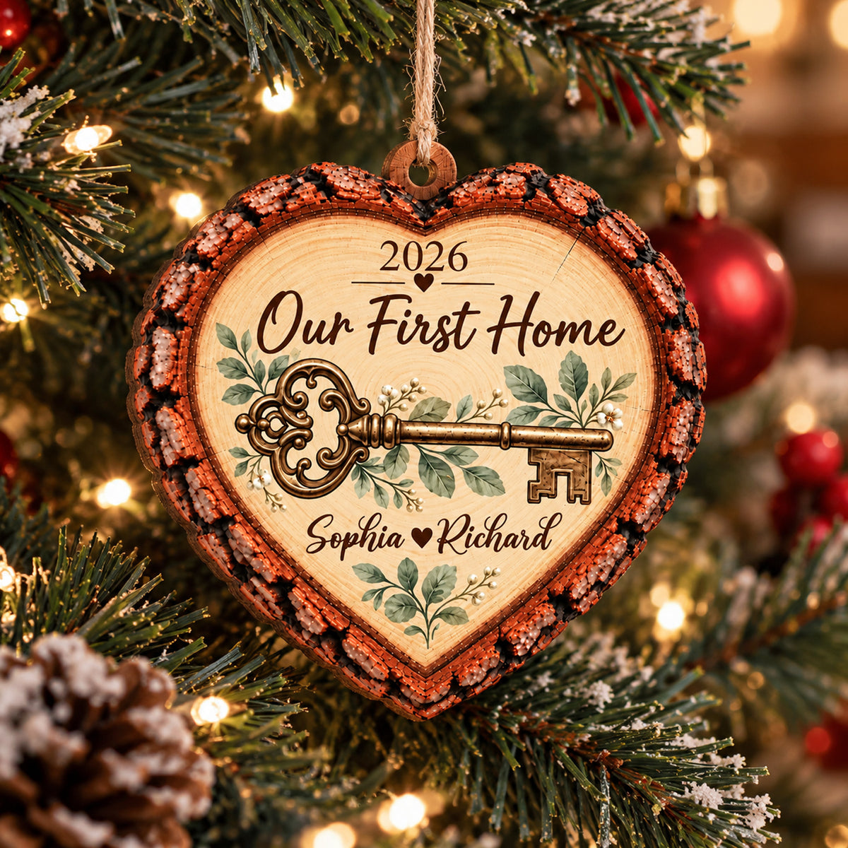 Our First Home Vintage Key- Personalized Wooden Ornament,  New Home Custom Name Keepsake