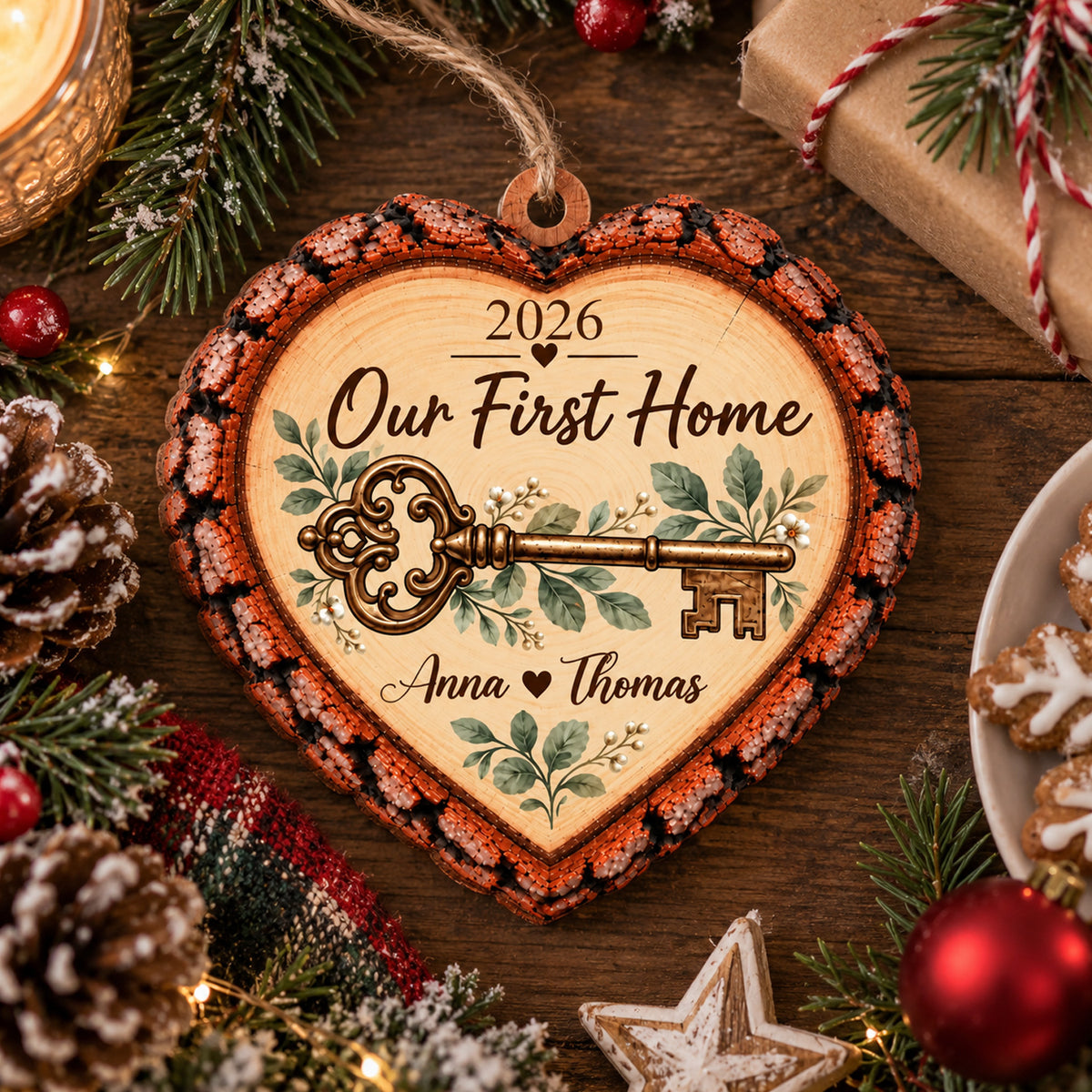 Our First Home Vintage Key- Personalized Wooden Ornament,  New Home Custom Name Keepsake