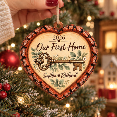 Our First Home Vintage Key- Personalized Wooden Ornament,  New Home Custom Name Keepsake