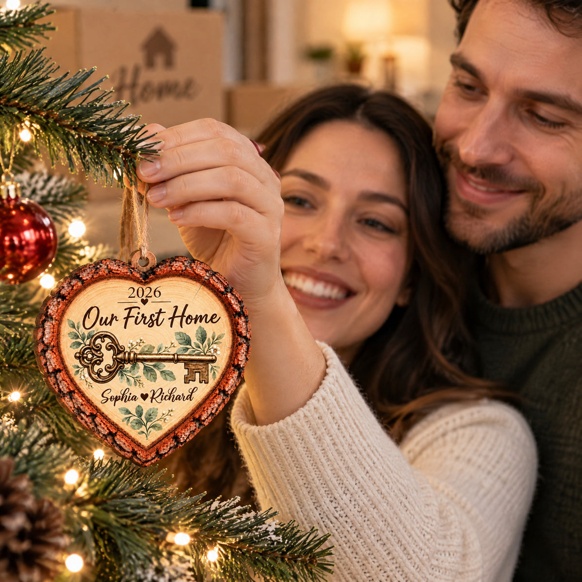Our First Home Vintage Key- Personalized Wooden Ornament,  New Home Custom Name Keepsake