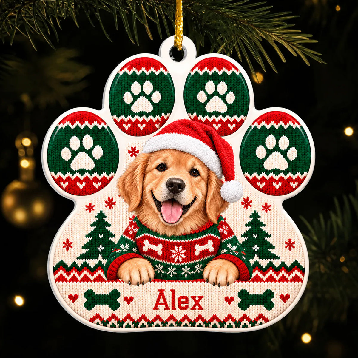 Ugly Sweater Pattern Pet Paw Ornament