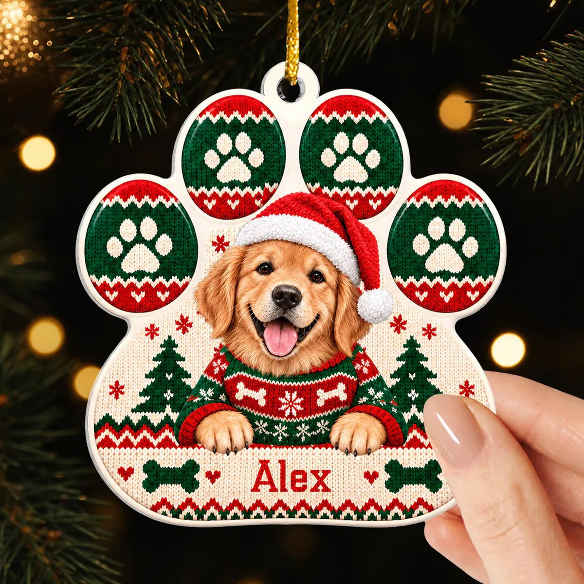 Ugly Sweater Pattern Pet Paw Ornament