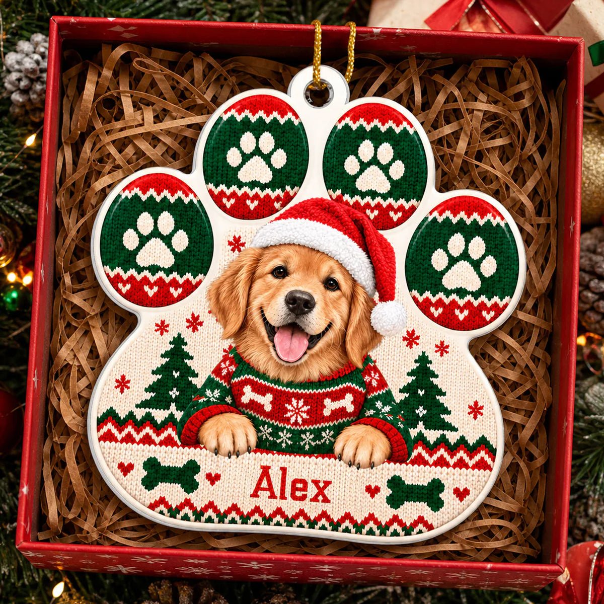 Ugly Sweater Pattern Pet Paw Ornament