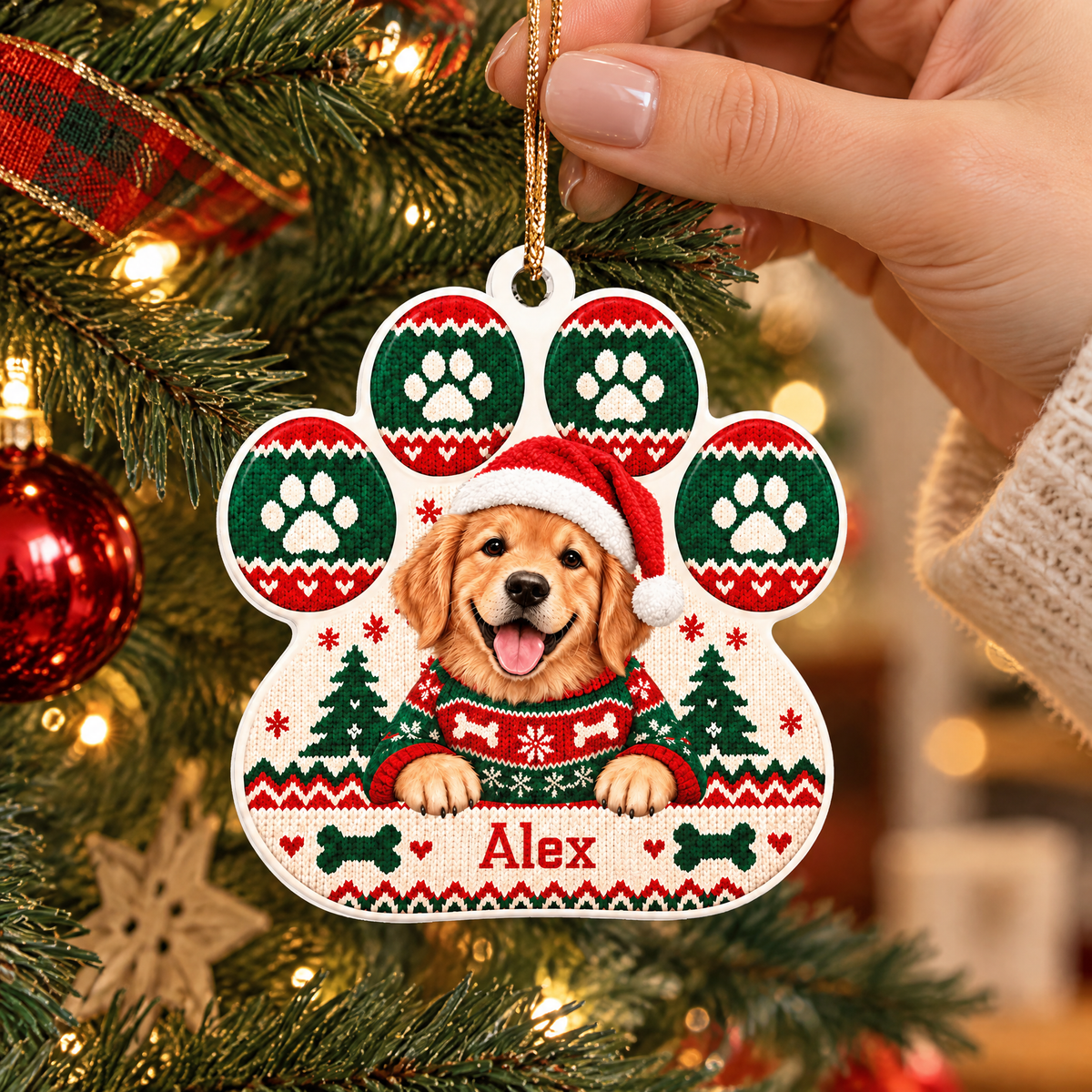 Ugly Sweater Pattern Pet Paw Ornament