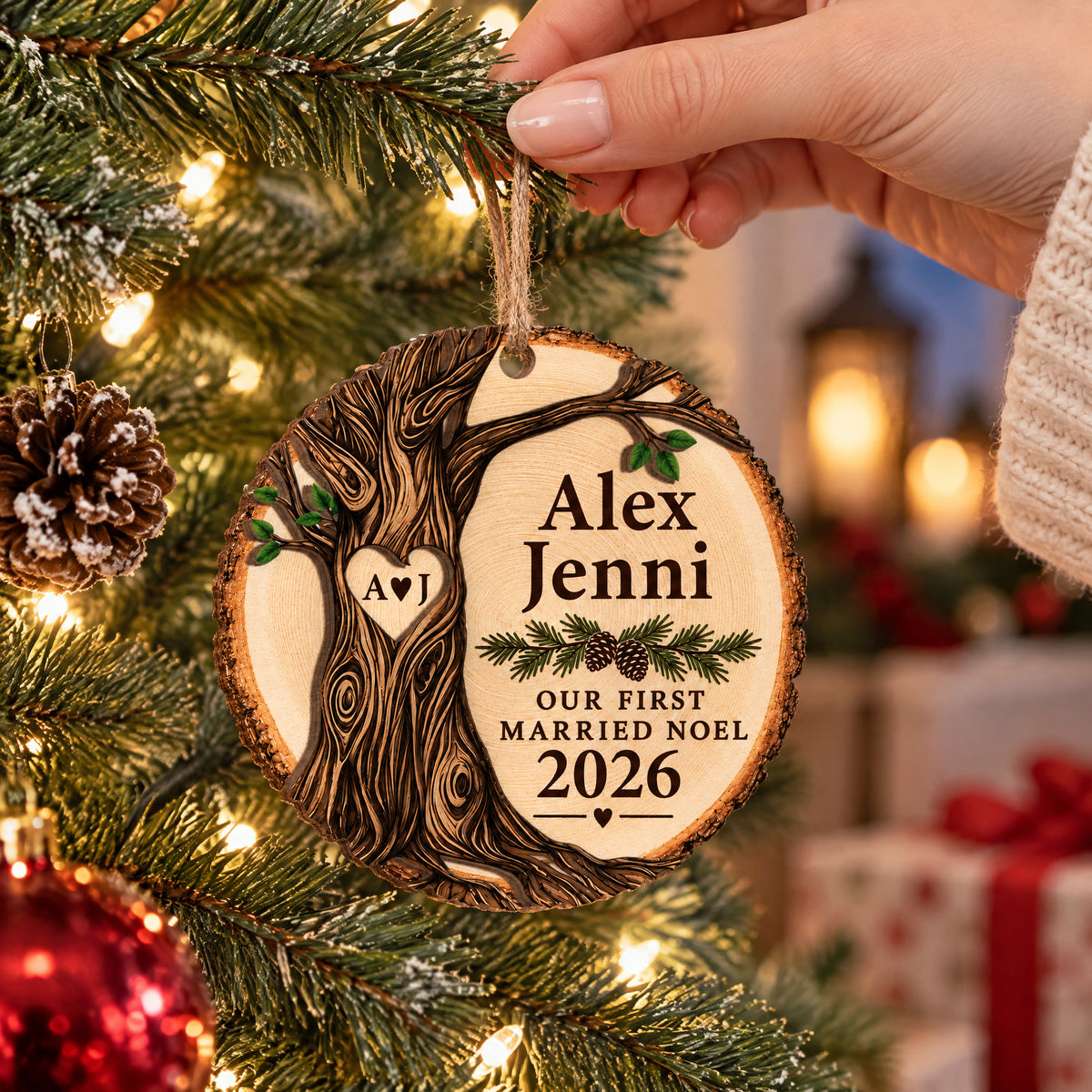 Personalized wooden ornament Our First Married Noel held by a hand near a lit tree, pinecone and gifts
