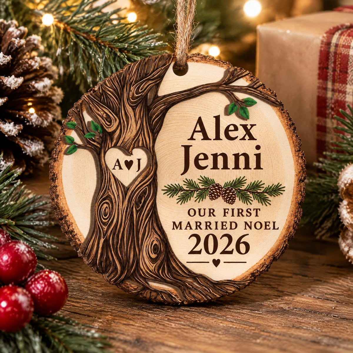 Personalized wooden ornament Our First Married Noel resting on a wood table with red berries and a gift