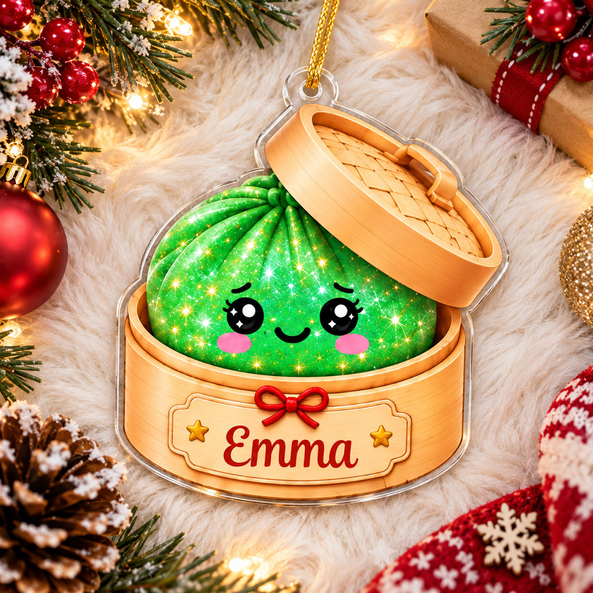 Cute Dumpling Christmas - Personalized Acrylic Ornament, Glitter Dumpling Keepsake, Dumpling Lover Gift, Kids Christmas Gift, Foodie Decor