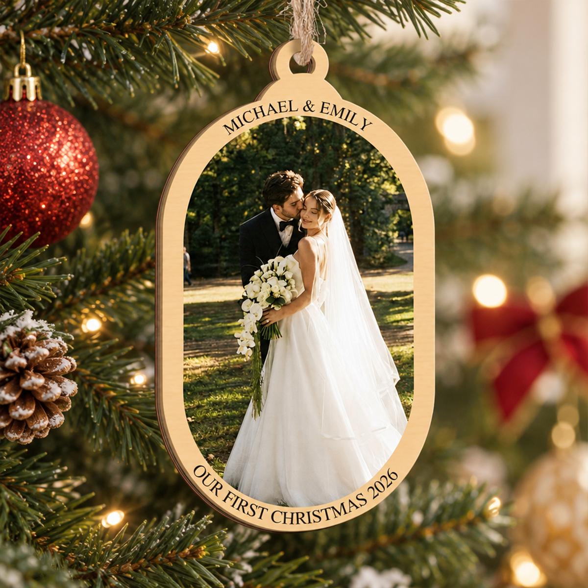 Personalized wooden photo ornament hanging on a Christmas tree beside a red glitter bauble and pinecone
