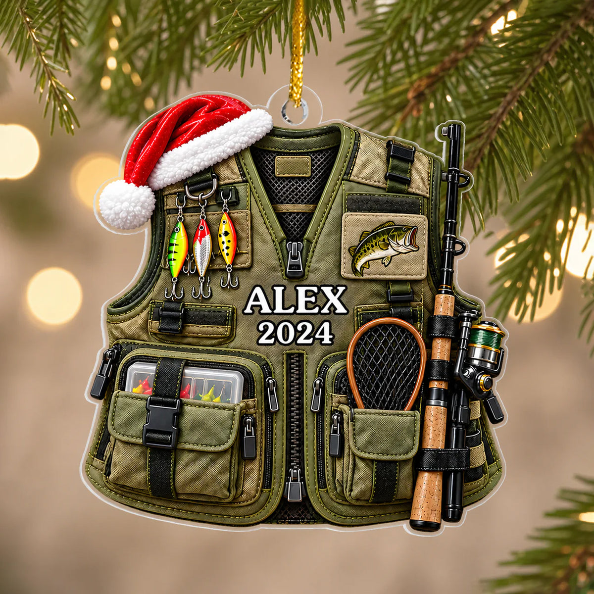 Fishing Vest Faux 3D - Personalized Acrylic Ornament, Christmas Gift For Fishing Lovers