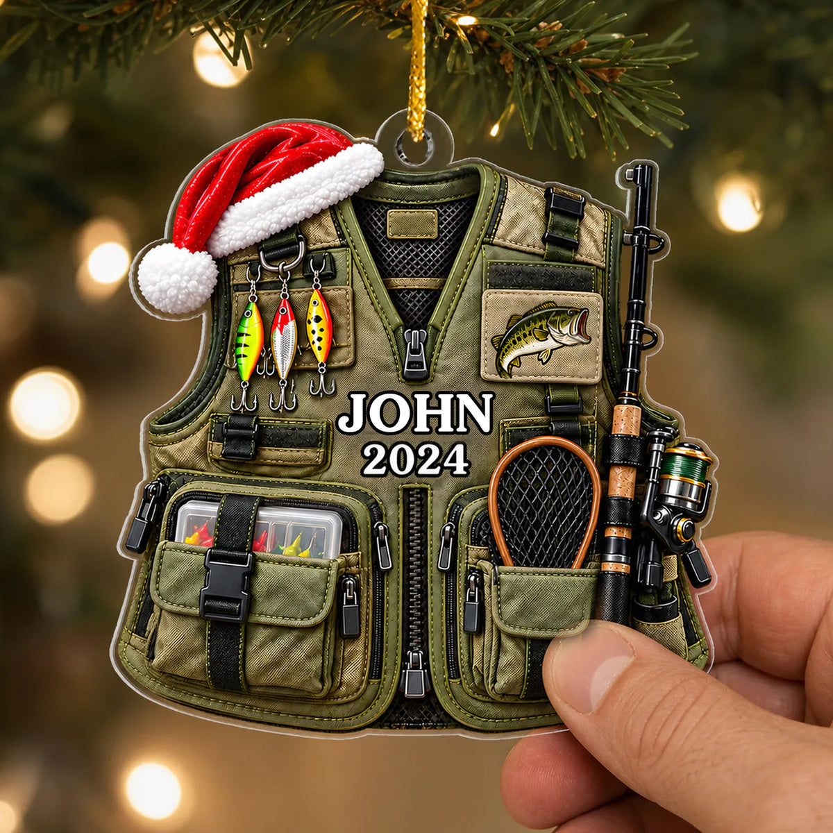 Fishing Vest Faux 3D - Personalized Acrylic Ornament, Christmas Gift For Fishing Lovers