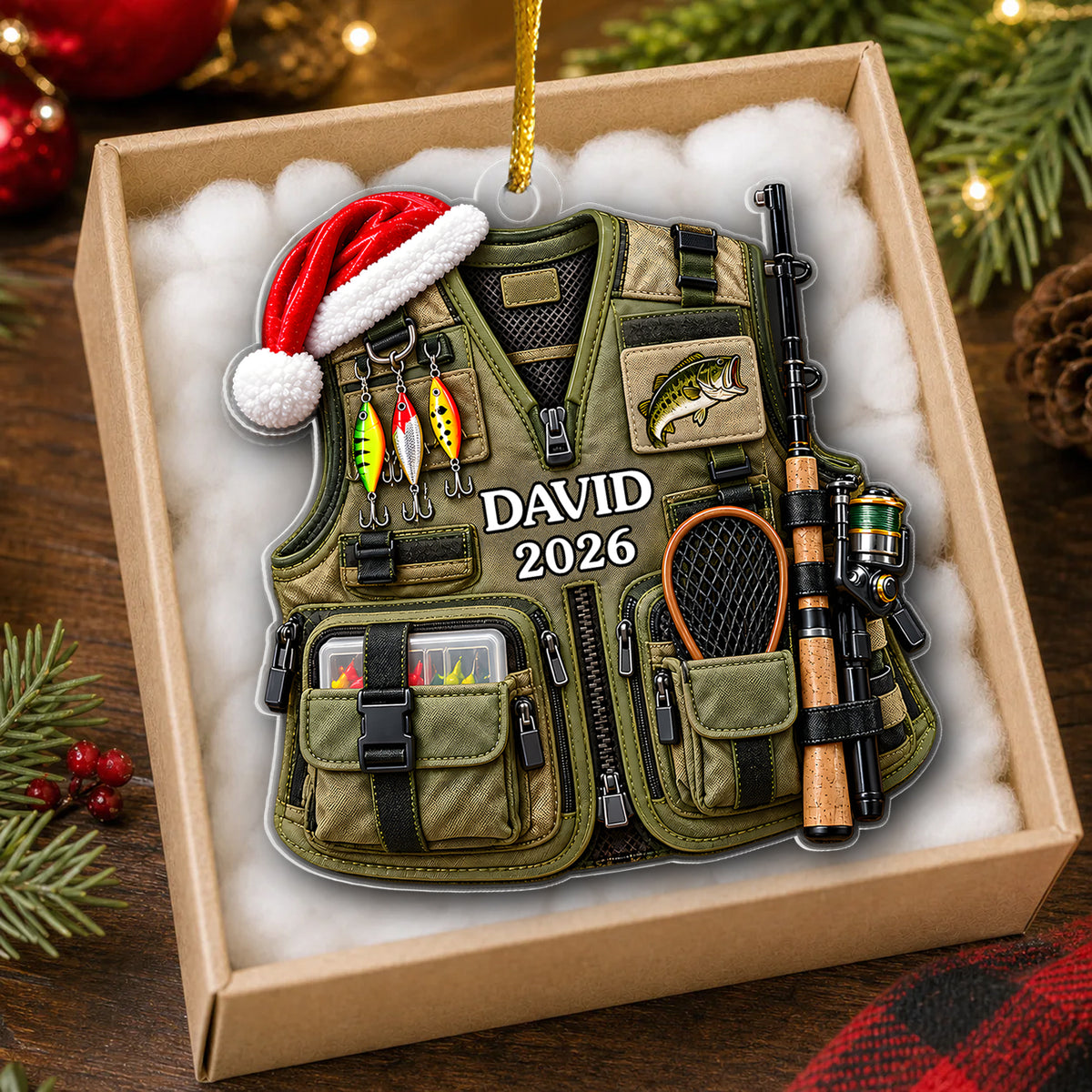 Fishing Vest Faux 3D - Personalized Acrylic Ornament, Christmas Gift For Fishing Lovers