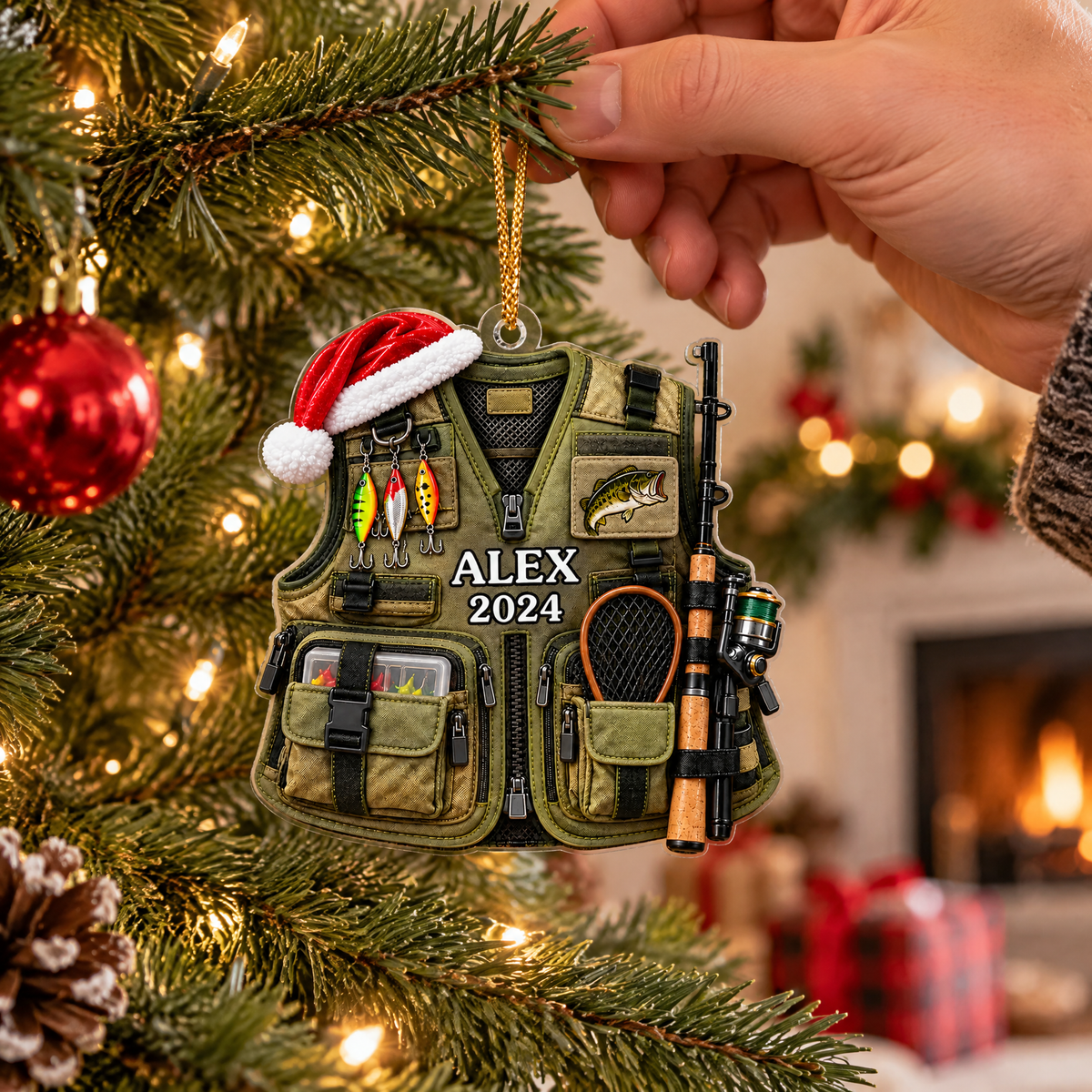 Fishing Vest Faux 3D - Personalized Acrylic Ornament, Christmas Gift For Fishing Lovers