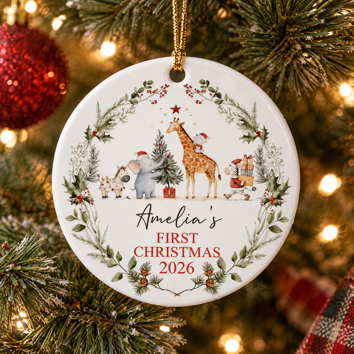 Baby's First Christmas- Personalized Ceramic Ornament, Jungle Animals New Baby gift, 1st Christmas Gift, Baby Decoration Keepsake