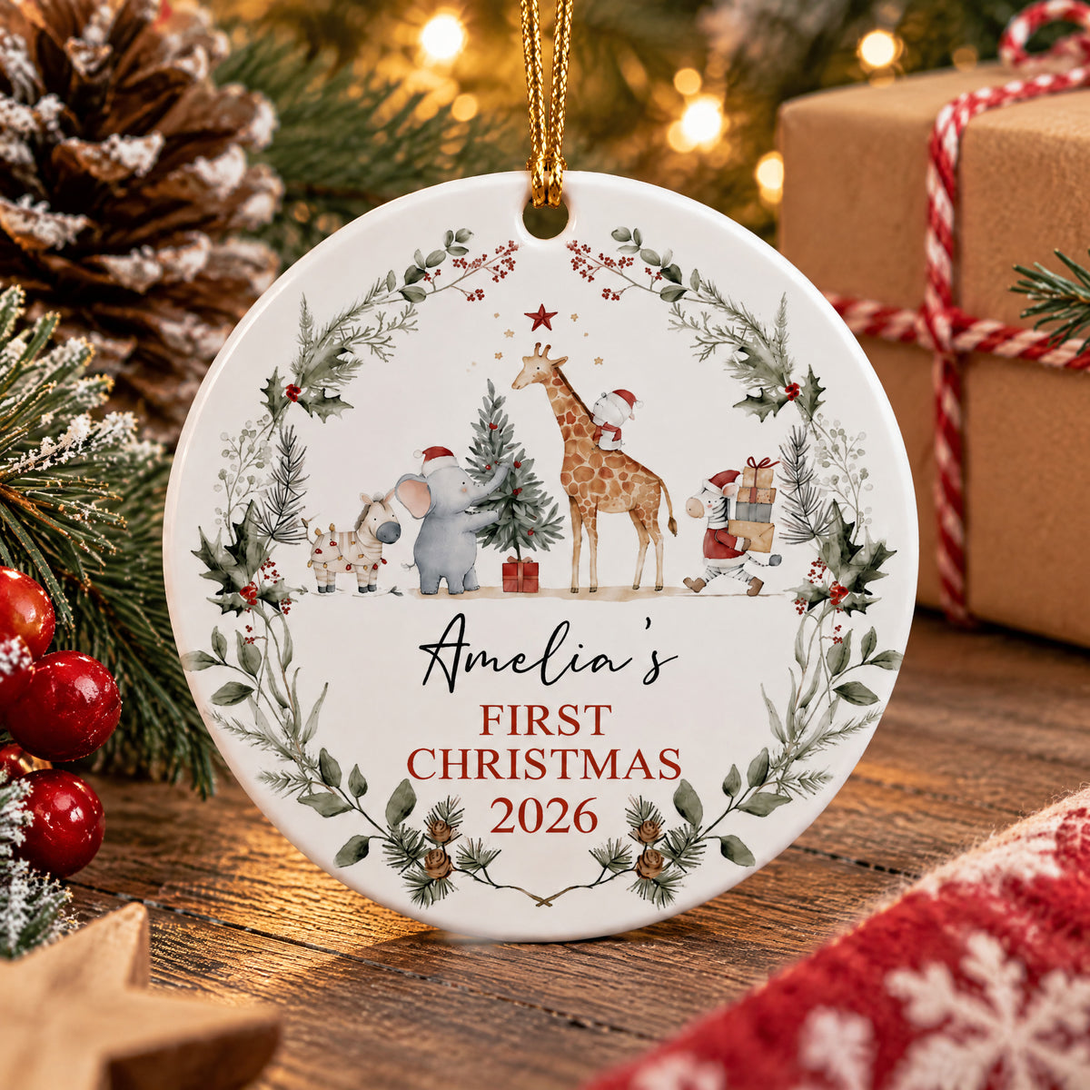 Baby's First Christmas- Personalized Ceramic Ornament, Jungle Animals New Baby gift, 1st Christmas Gift, Baby Decoration Keepsake