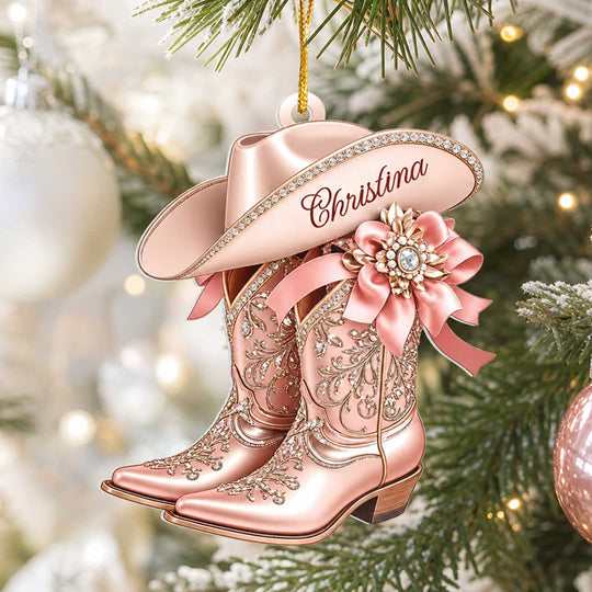 Born to Sparkle in Every Step - Personalized Acrylic Ornament, Custom Name Pink Cowboy Boots and Hat, Western Christmas Tree Decor, Cowgirl Gift