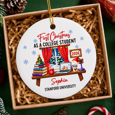 First Year At College - Personalized Ceramic Ornament, College Christmas Keepsake, College Student Ornament, Freshman Year Ornament