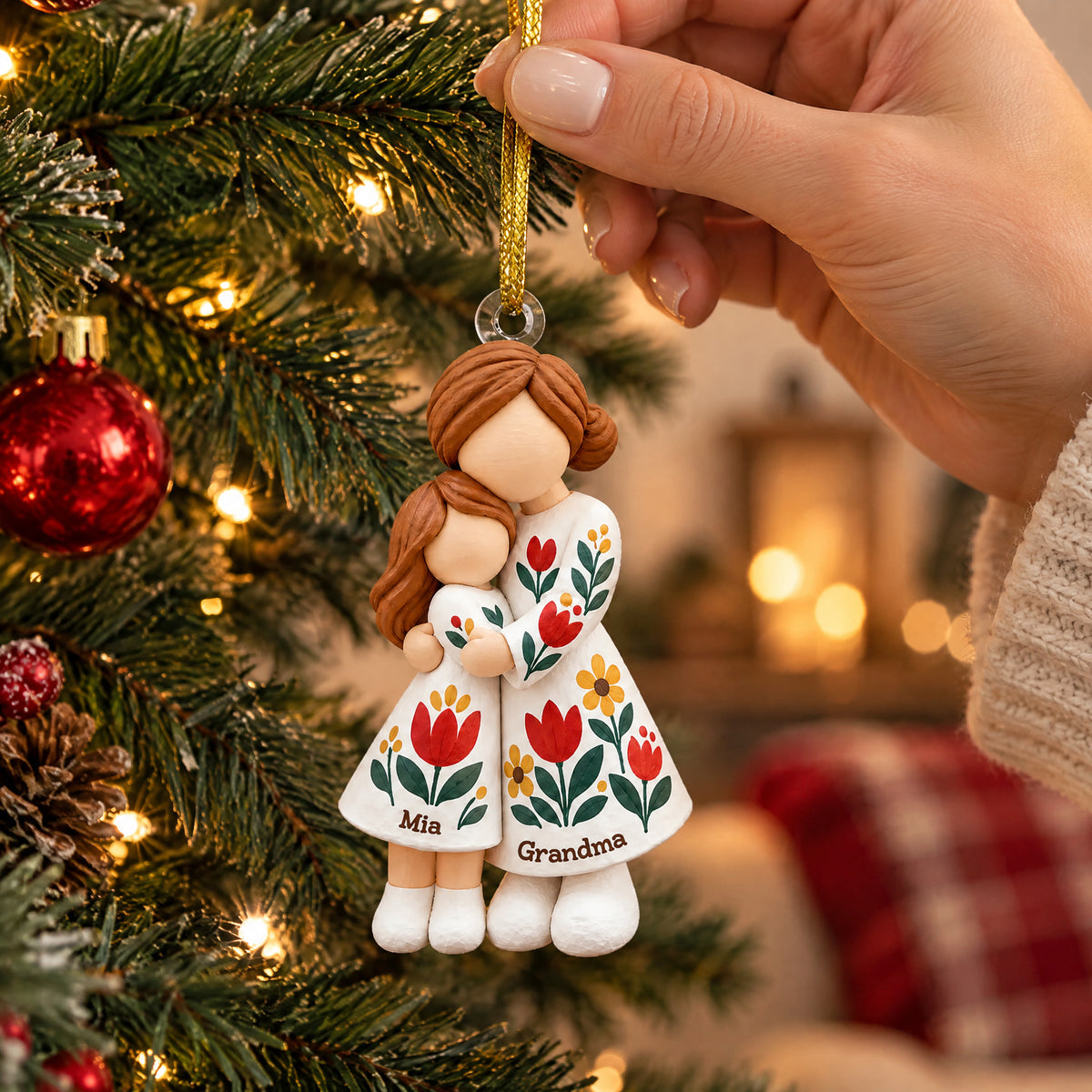 Personalized Grandmother Granddaughter Figurine Ornament held by a hand beside a lit tree, close view of tulip dresses