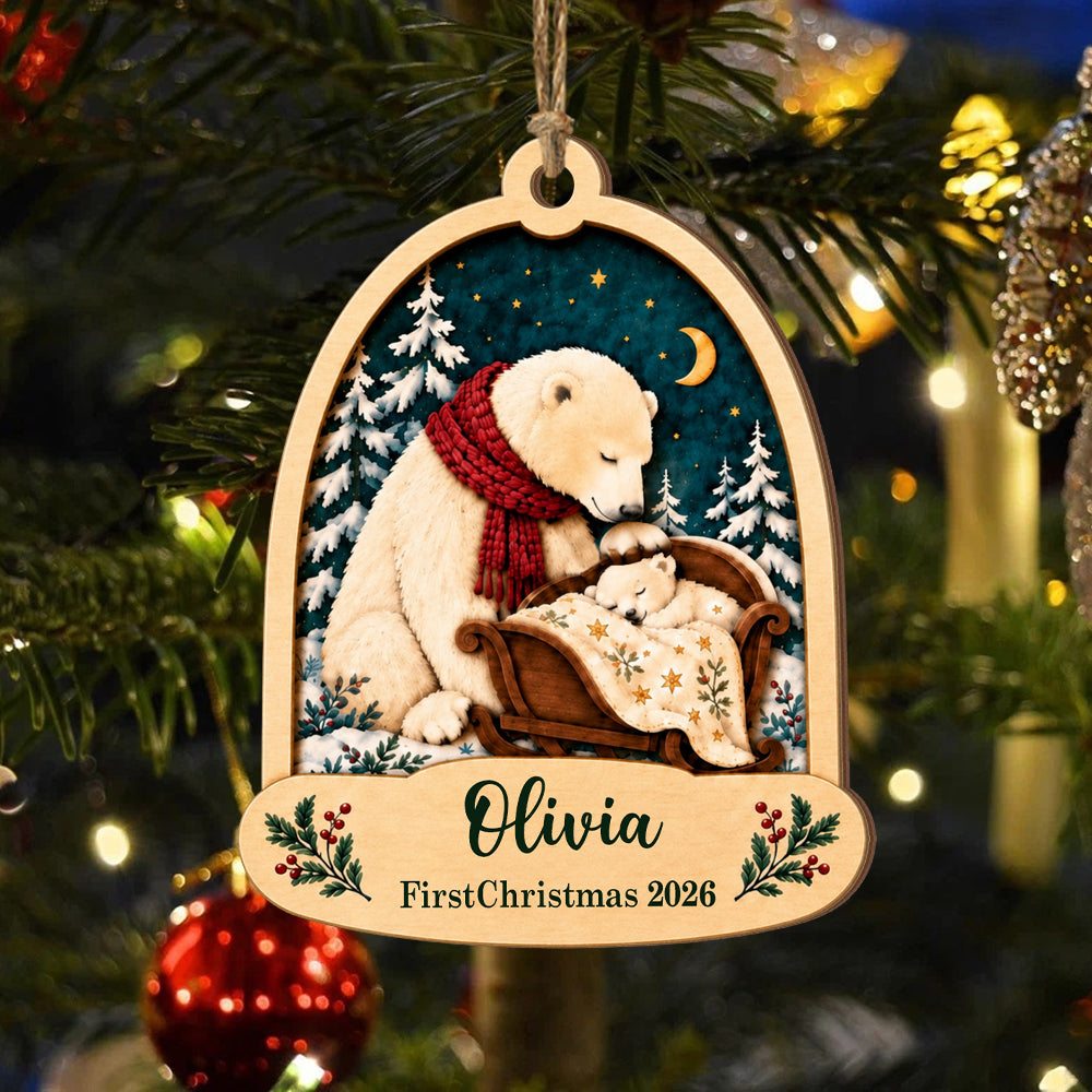 First Christmas Baby Bear- Personalized Wooden Ornament, Custom Name Keepsake, Baby’s First Christmas Gift, Holiday Tree Decor