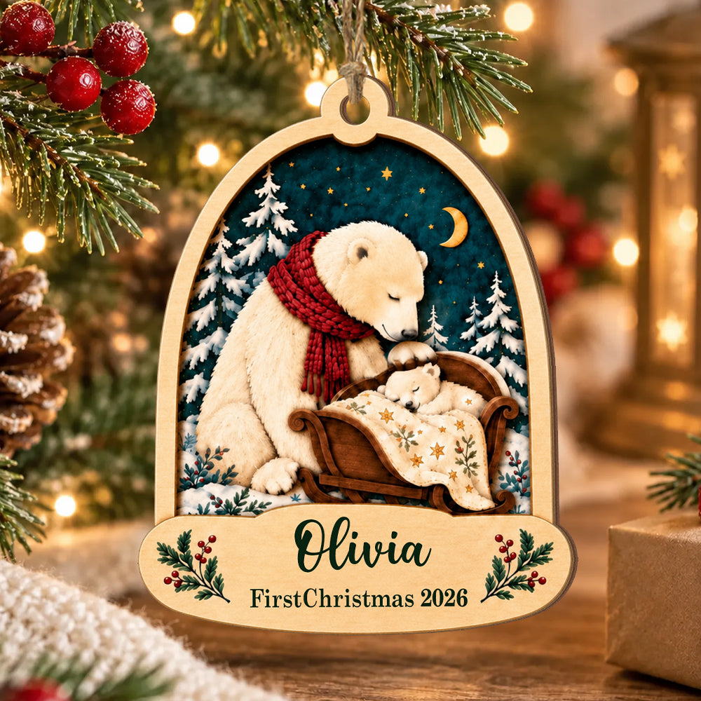 First Christmas Baby Bear- Personalized Wooden Ornament, Custom Name Keepsake, Baby’s First Christmas Gift, Holiday Tree Decor