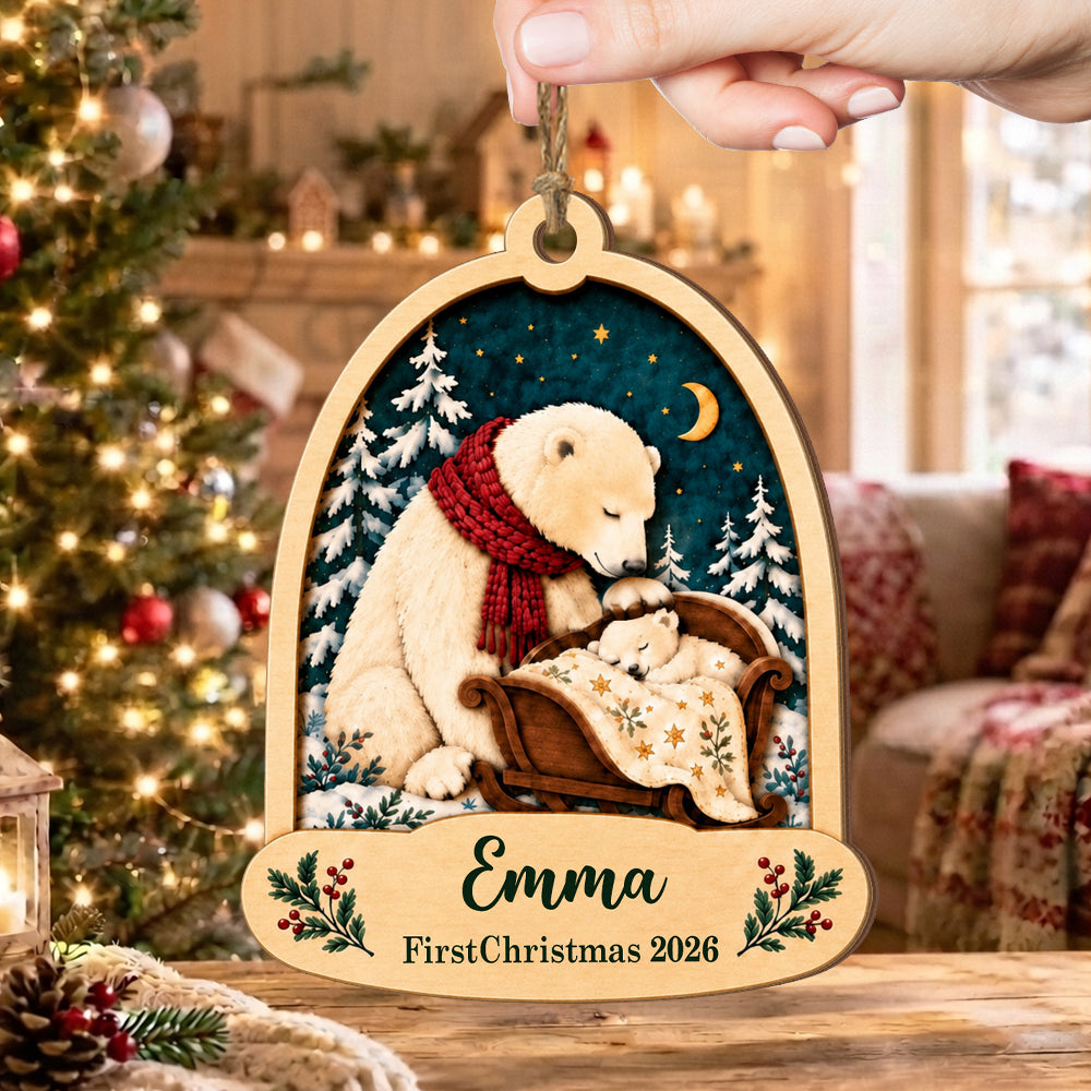 First Christmas Baby Bear- Personalized Wooden Ornament, Custom Name Keepsake, Baby’s First Christmas Gift, Holiday Tree Decor