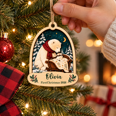 First Christmas Baby Bear- Personalized Wooden Ornament, Custom Name Keepsake, Baby’s First Christmas Gift, Holiday Tree Decor