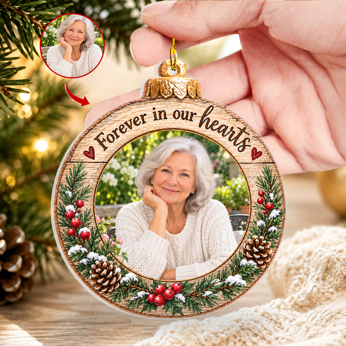 Rustic Wood Ring Memorial Photo- Personalized Acrylic Ornament, Memorial Gift, Sympathy Gift