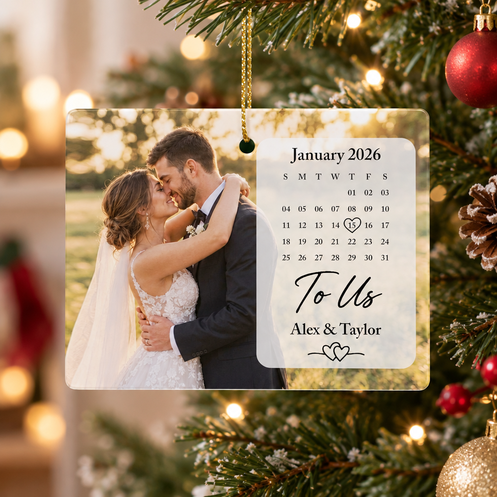 Rectangular ceramic ornament photo calendar hanging on a Christmas tree beside a red ball and pinecone