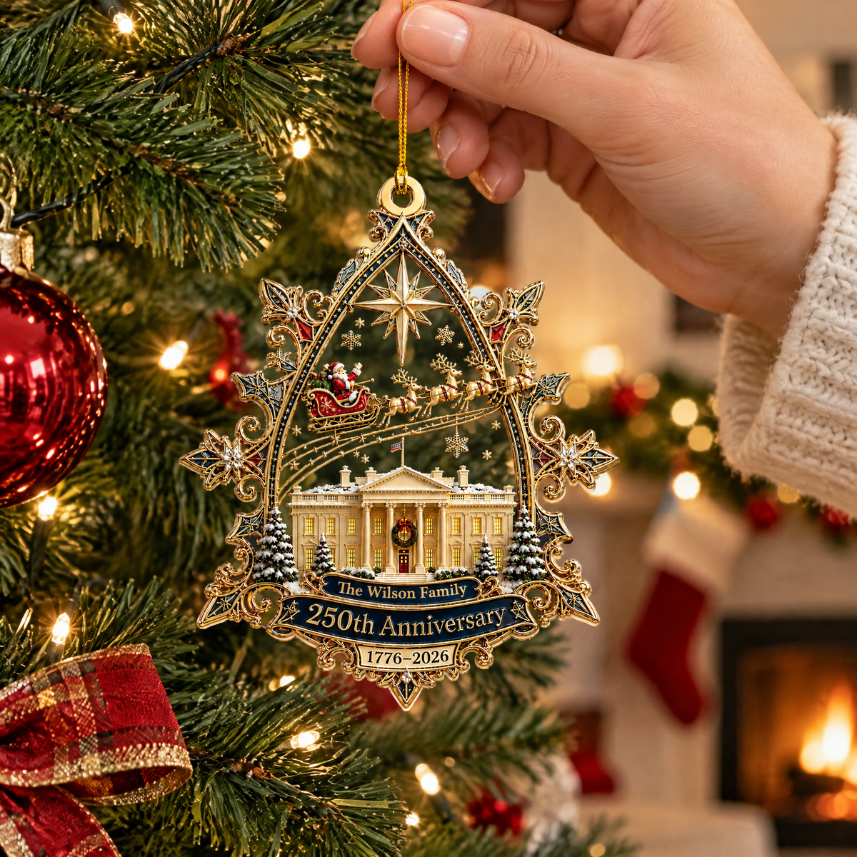 Santa Flying Over the White House On A Snowy Night - Personalized Acrylic Ornament, 250 Years Gift, Gift For Family