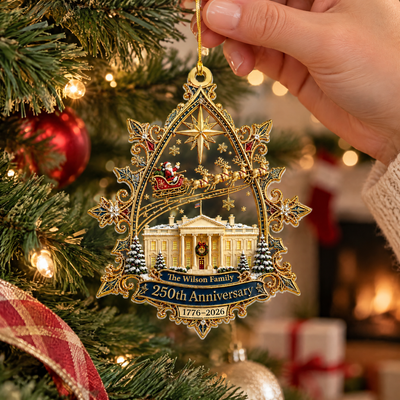 Santa Flying Over the White House On A Snowy Night - Personalized Acrylic Ornament, 250 Years Gift, Gift For Family