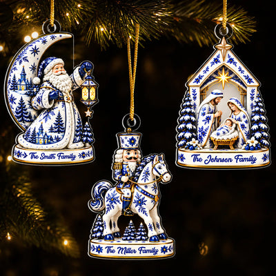 Blue White Christmas - Personalized Acrylic Ornament,  Nativity Santa Nutcracker Ornament,  Religious Holiday Gift, Winter Home Shelf Decor