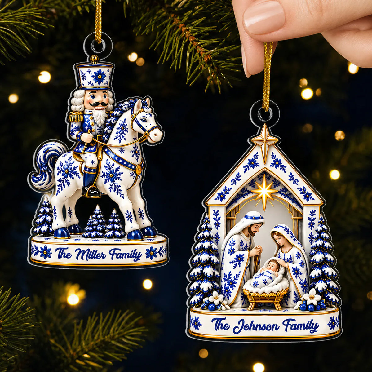 Blue White Christmas - Personalized Acrylic Ornament,  Nativity Santa Nutcracker Ornament,  Religious Holiday Gift, Winter Home Shelf Decor