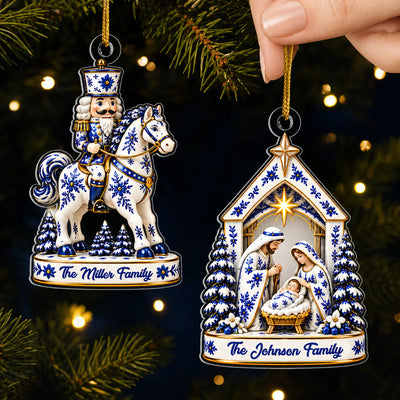 Blue White Christmas - Personalized Acrylic Ornament,  Nativity Santa Nutcracker Ornament,  Religious Holiday Gift, Winter Home Shelf Decor