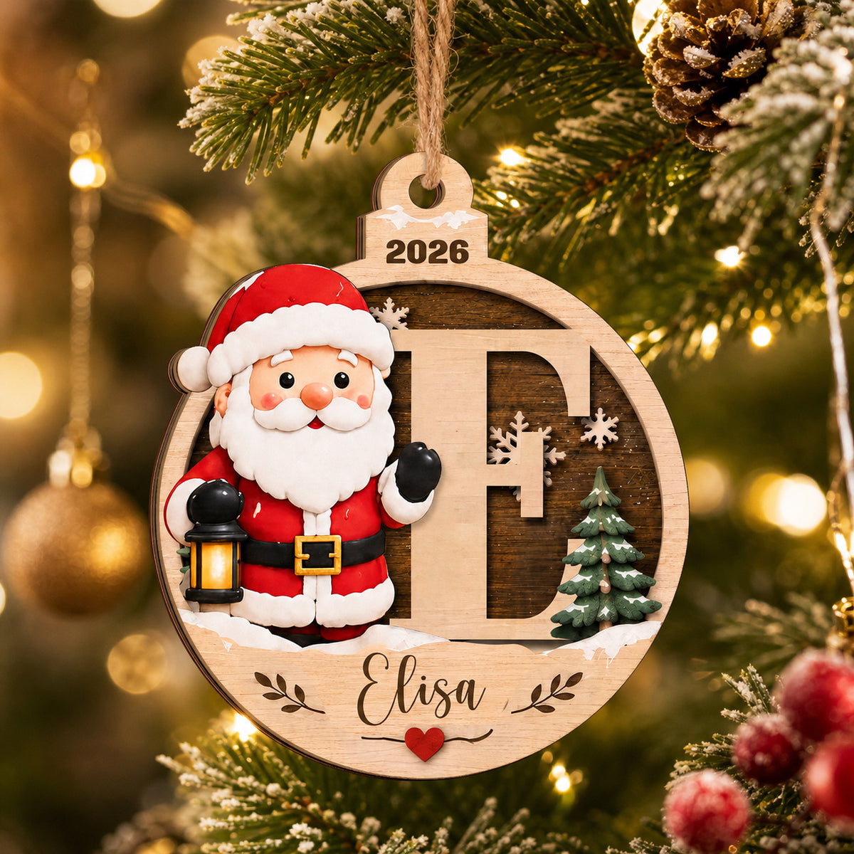 Personalized Santa Initial Wooden Ornament hanging on a lit Christmas tree, letter E with the name Elisa and 2026
