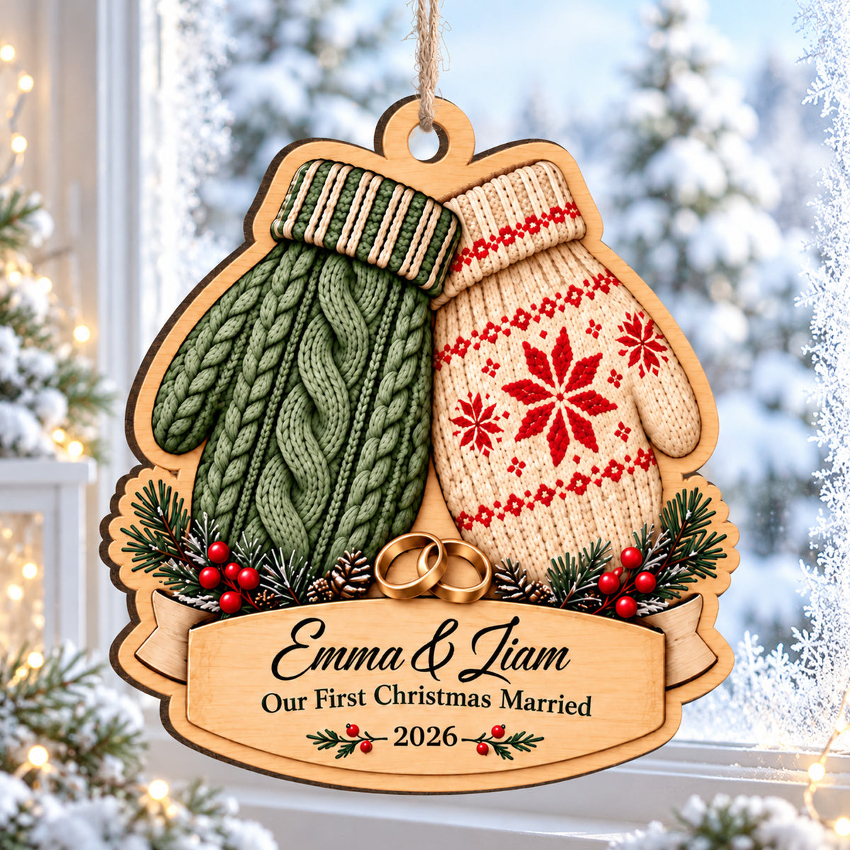 First Christmas Married - Personalized Wooden Ornament, Newlywed Couple Christmas Gift, Custom Name Wedding Keepsake