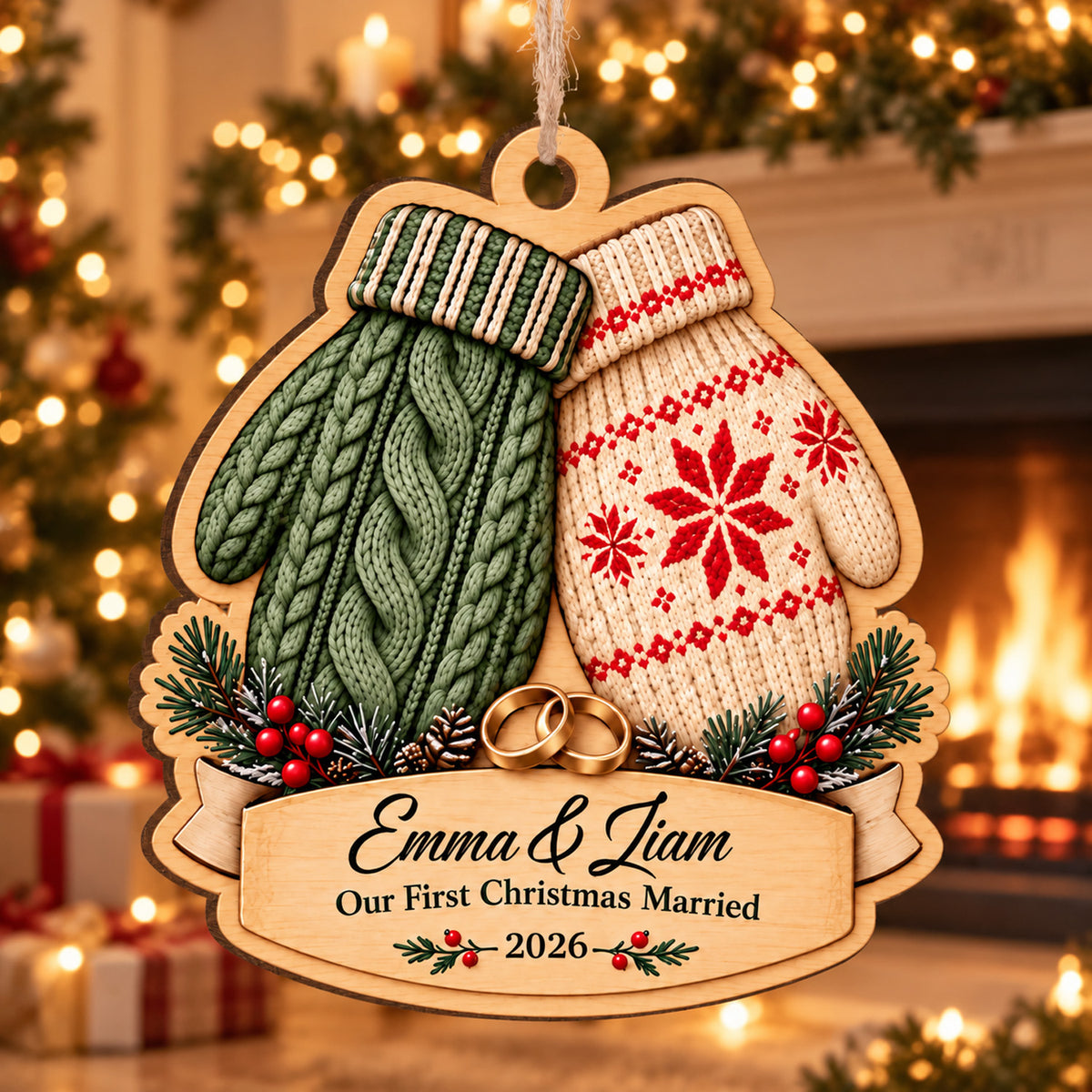 First Christmas Married - Personalized Wooden Ornament, Newlywed Couple Christmas Gift, Custom Name Wedding Keepsake