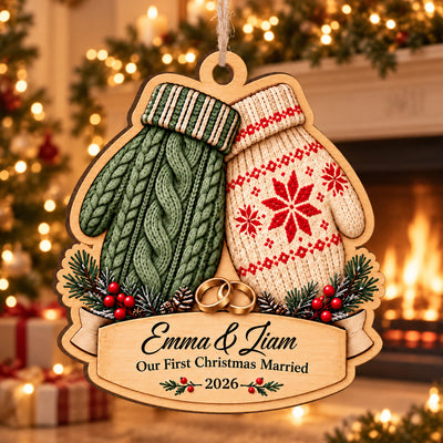 First Christmas Married - Personalized Wooden Ornament, Newlywed Couple Christmas Gift, Custom Name Wedding Keepsake