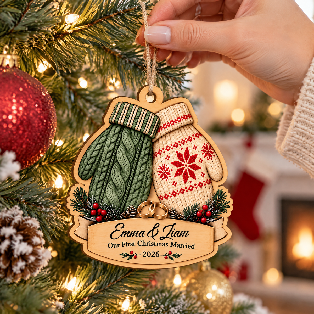 First Christmas Married - Personalized Wooden Ornament, Newlywed Couple Christmas Gift, Custom Name Wedding Keepsake