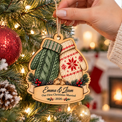 First Christmas Married - Personalized Wooden Ornament, Newlywed Couple Christmas Gift, Custom Name Wedding Keepsake