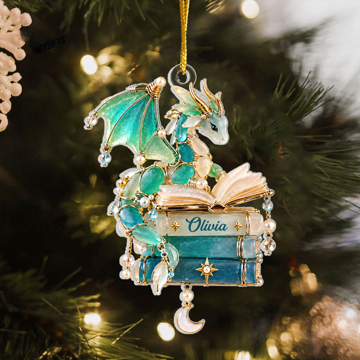Book Dragon - Personalized Acrylic Ornament Custom Gifts For Book Lovers, Sea Glass Style Tree Decor