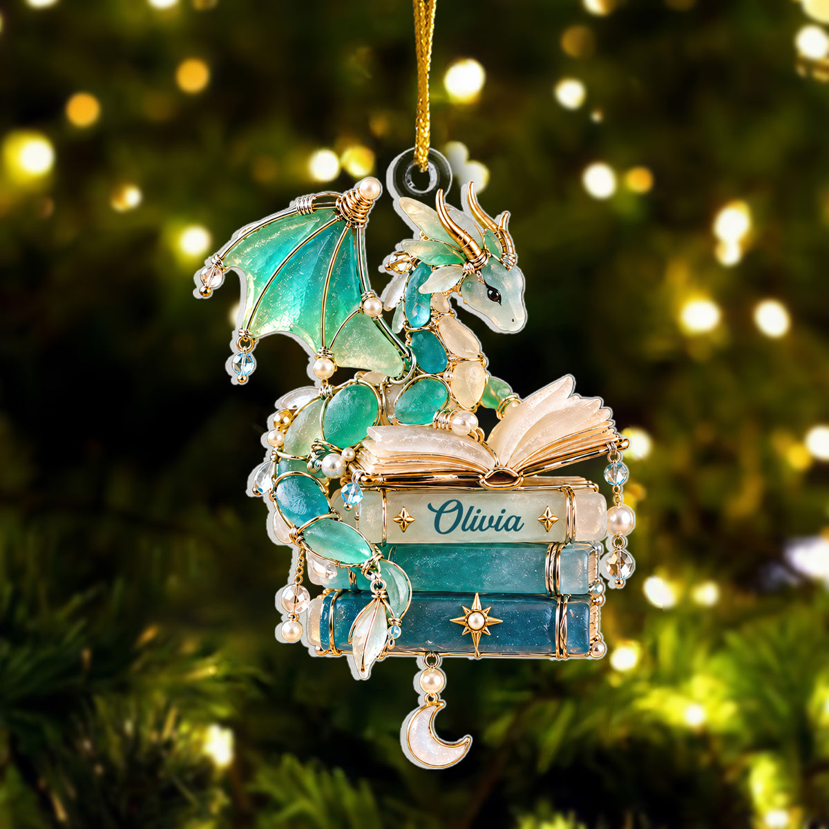 Book Dragon - Personalized Acrylic Ornament Custom Gifts For Book Lovers, Sea Glass Style Tree Decor