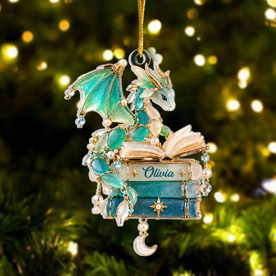 Book Dragon - Personalized Acrylic Ornament Custom Gifts For Book Lovers, Sea Glass Style Tree Decor
